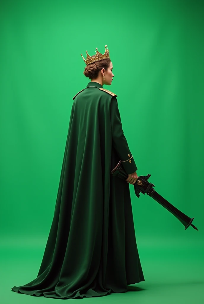 Rear straight viewed, female military general, Queen's crown on head, Big gun in hand, Plain full green screen background