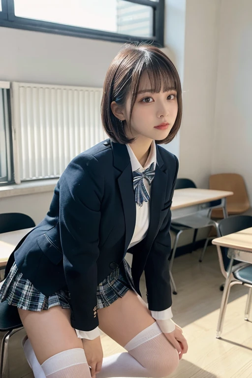 Flying debris, Highest quality, shape, Very detailed, Finer details, High resolution, 8k,wallpaper, Perfect dynamic composition,(High quality with attention to detail, Realistic depiction of eyes:1.3), From the side, High school classroom、Schoolgirl uniform、blazer 、Super Short Check Uniform Skirt(White panties)、Navy blue knee-high socks、garter belt、Huge 、Disheveled uniform, Short Bob Hair, Black hair color, Large Breasts, Big Natural Color Lip, Bold sexy pose, (Perfect shape), (Crouch down)、Crying a little、Cold Stare, Harajuku Style、20-year-old girl、Cute type, Beautiful legs, Burning idol pose, Voluptuous thighs