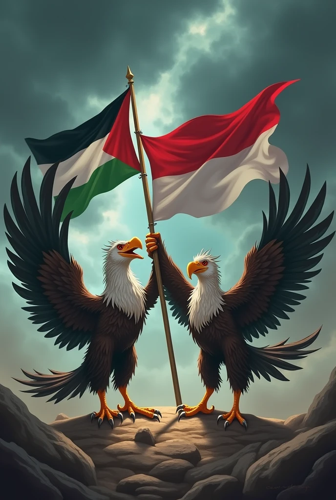 make an animation of 2 angry garuda birds carrying the palestine flag standing with a garuda bird carrying the indonesian flag 