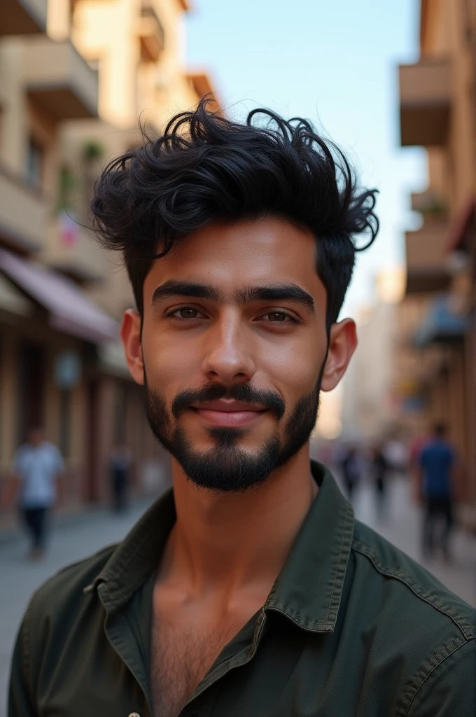 A beautiful and cute young adult boy with black and curly hair and a beard from Iran and the city of Ahvaz