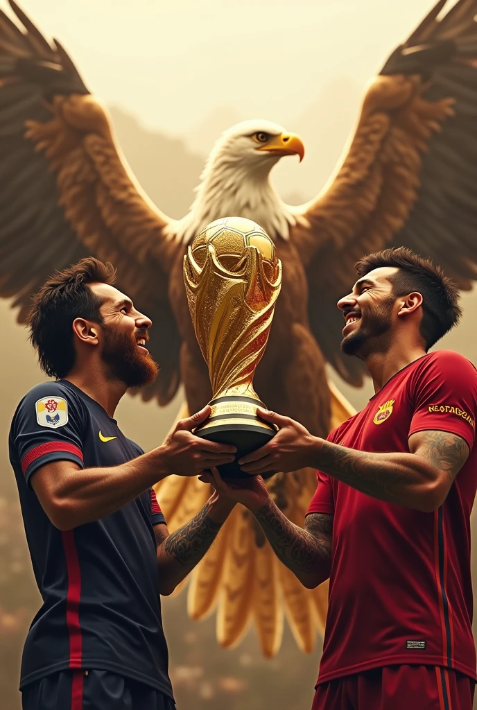 Messi and neymar sourrounded by eagles and hand  over the trophy to eagles
