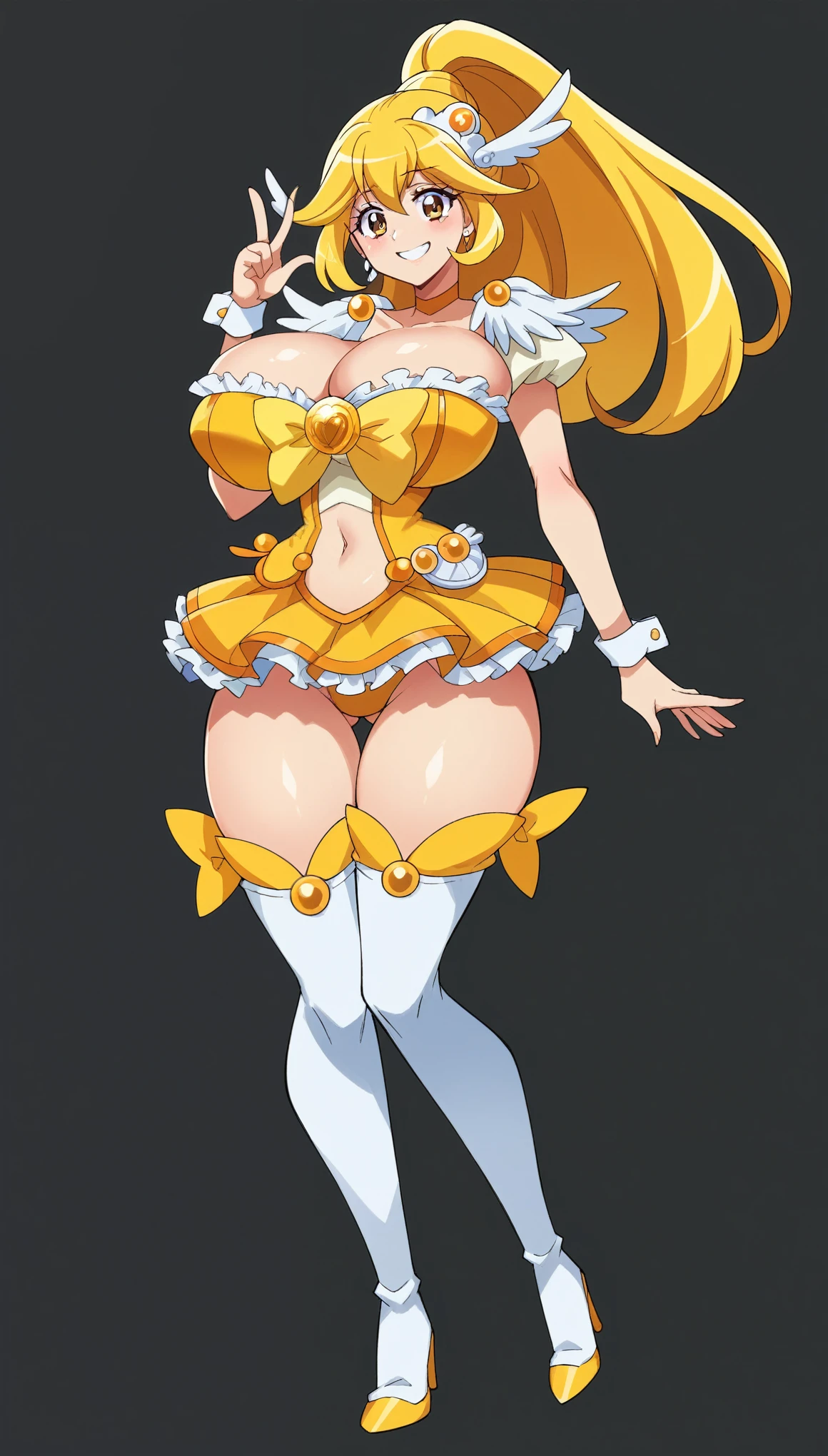 score_9, score_8_up, score_7_up, gloomy, black background,
BREAK

BREAK
1girl, curepeace, ponytail, yellow hair, elect big nipple, huge breasts, smile,
yellow magical girl, navel, wing hair ornament, cropped top, frilled wrist cuffs, friled skirt, thighhighs, , thigh boots, heels,
tall, leggy, , shiny skin, wide hips, tight waist, thick thighs,
, 



, full body, standing,
looking_at_viewer,