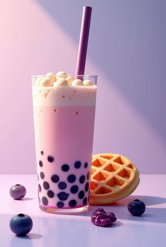 Bubble tea in a boba cup with t flat waflle in buleberry jam