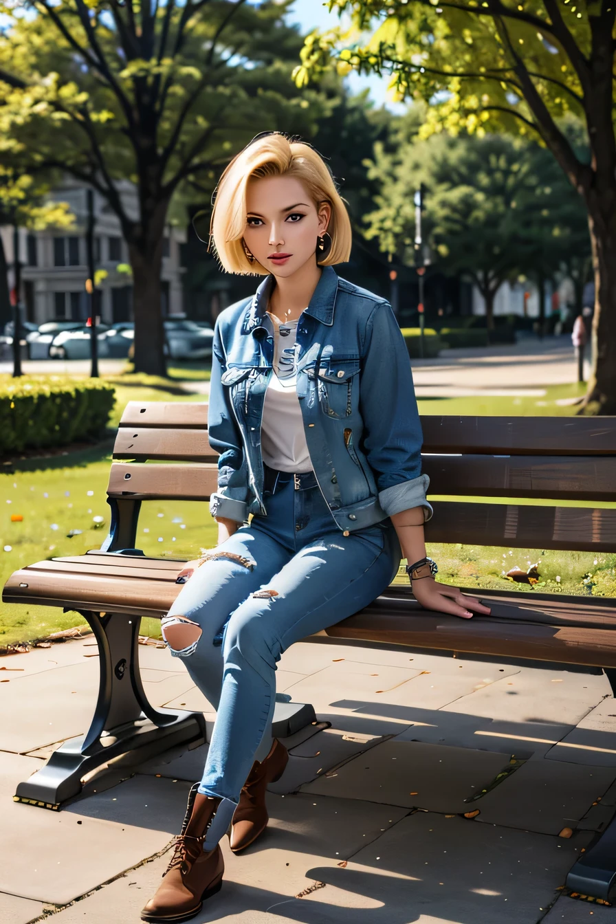 masterpiece, Highest quality), ,Android 18, Full body photo、Sitting on a park bench、Earrings, Denim jacket、shirt、Skinny jeans、boots、
