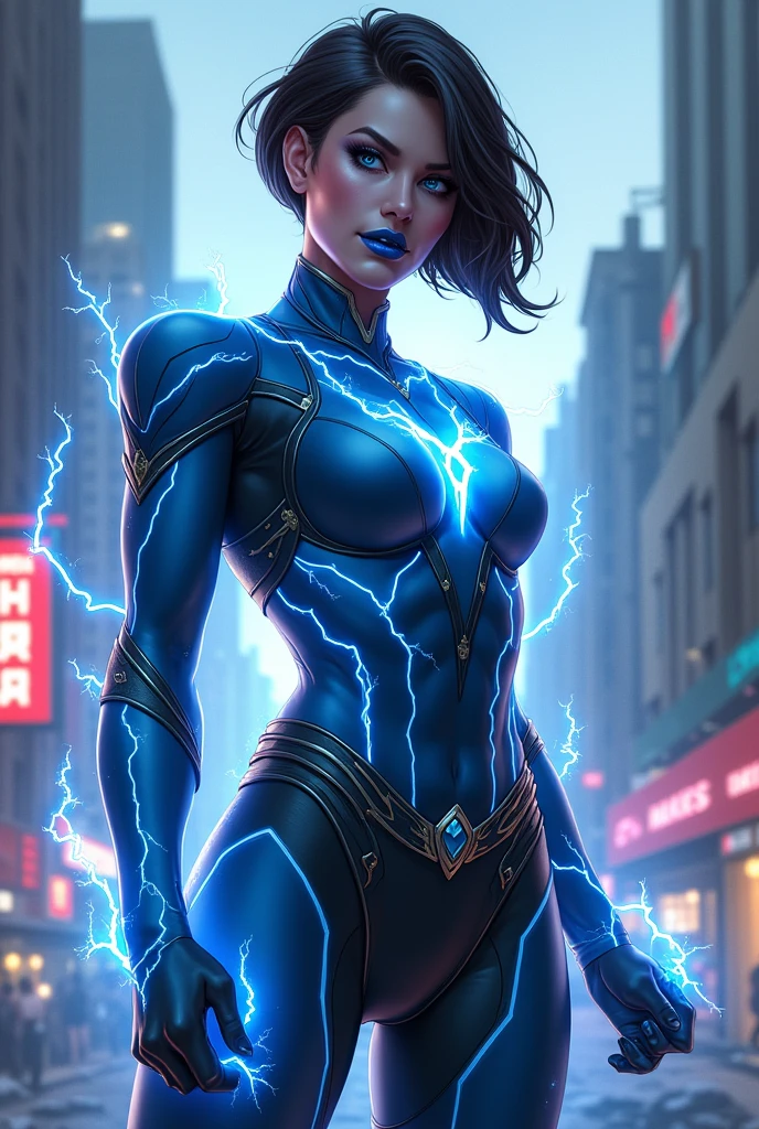 Full body image of a (((supervillain lady))) with electrifying powers and a costume inspired by lightning, featuring brunette cropped hair and a smirk with striking blue glossy lips, piercing blue eyes, exuding an air of feminine menace and playful malice, (((destructively dominating a city))), with defeated heroes scattered about.