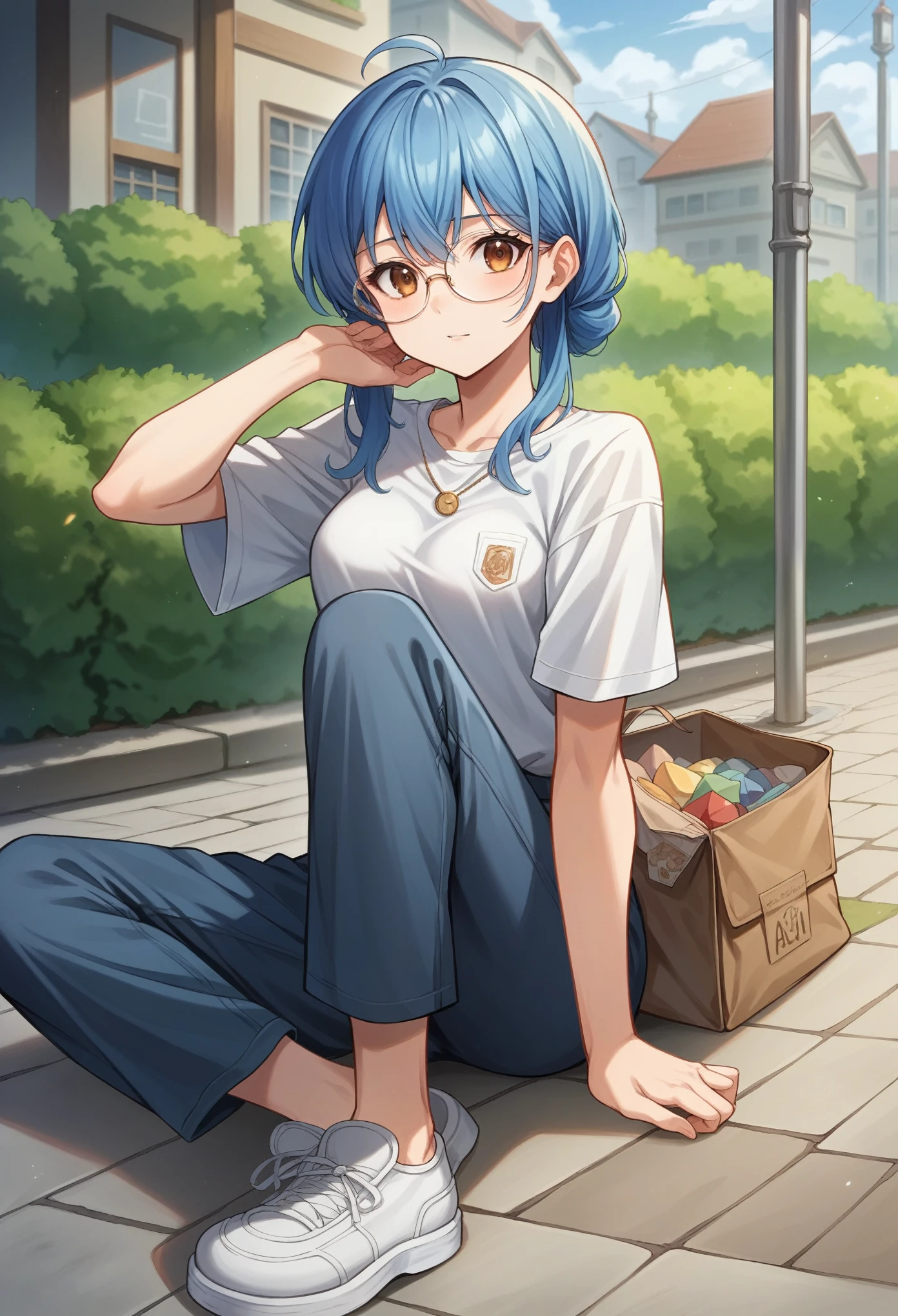 A beautiful anime girl with blue hair and glasses sitting on a sidewalk, award-winning anime art by a famous artist, contest winning anime series art, cinematic anime art, detailed digital anime art, anime moe art style, gweniz-esque art style, 4k anime style digital art, digital anime art, anime style digital art, digital anime illustration, highly detailed and beautiful anime art, 2D anime style