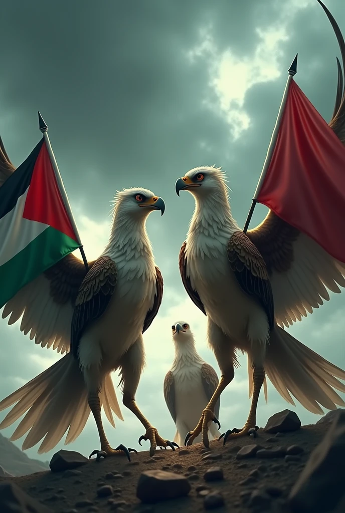 make an animation of 2 angry garuda birds carrying the palestine flag standing with a garuda bird carrying the indonesian flag