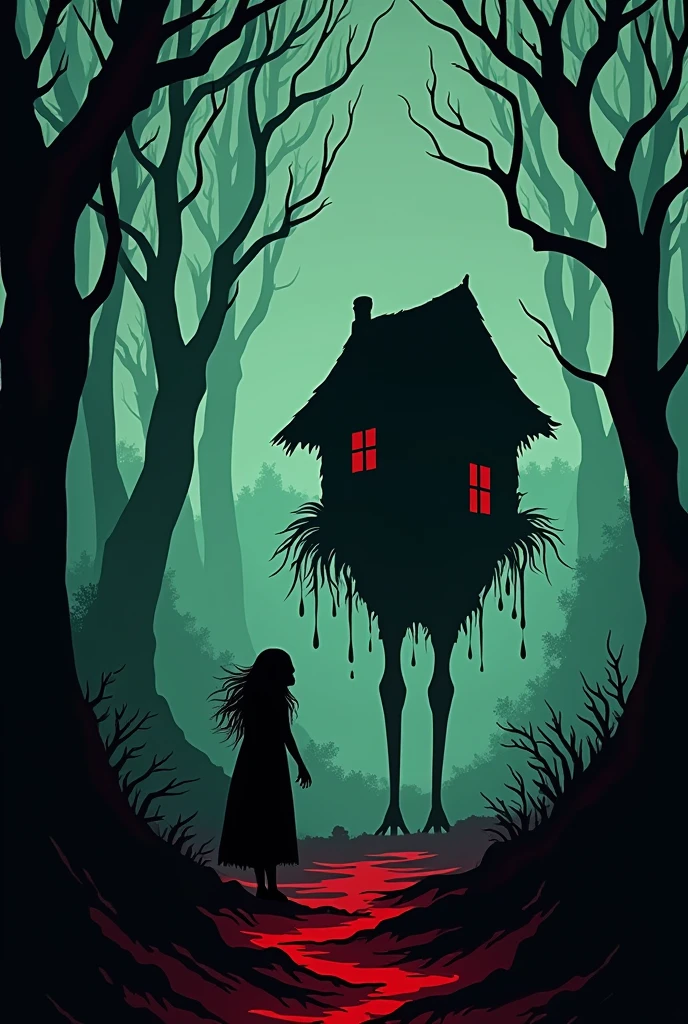 "Minimalist silhouette art in the style of Olly Moss, depicting a dark and eerie scene from the Russian folktale 'Baba Yaga. In the foreground, show the silhouette of Baba Yaga's hut standing on chicken legs, towering ominously over the landscape. Baba Yaga herself is a shadowy figure, partially hidden in the background, with her long, bony fingers and wild hair subtly outlined. Surrounding the hut is a dense, twisted forest with gnarled trees and overgrown roots, creating a sense of deep, impenetrable wilderness. The color palette should be dark and moody, using deep blacks, eerie greens, and blood-red accents to evoke a sense of dread and ancient magic."
