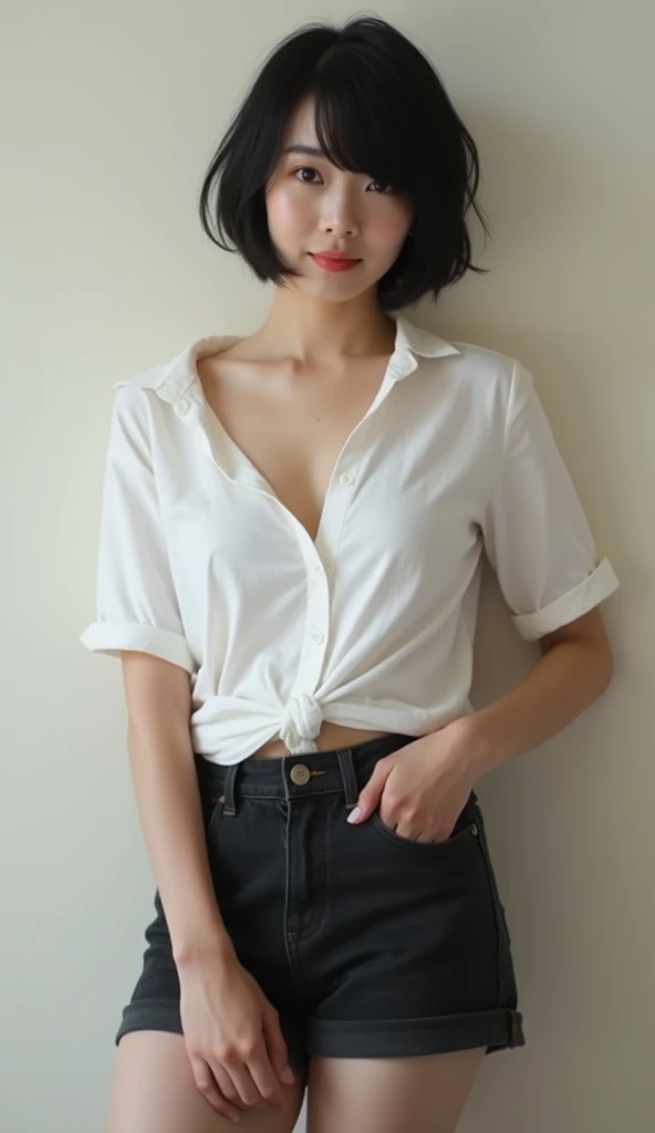 there is a woman sitting on a bench in a classroom, wearing white v - neck top, wearing v - neck top, in a white shirt, wearing shirt, Open V chest clothes, wearing shirt, wearing a light shirt, low cut top, fine white shirt, in a white shirt, wearing white clothes, White top, casual white garment