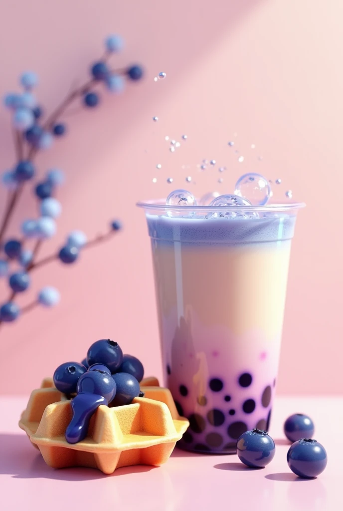 Bubble tea in a cup with waflle in buleberry jam
