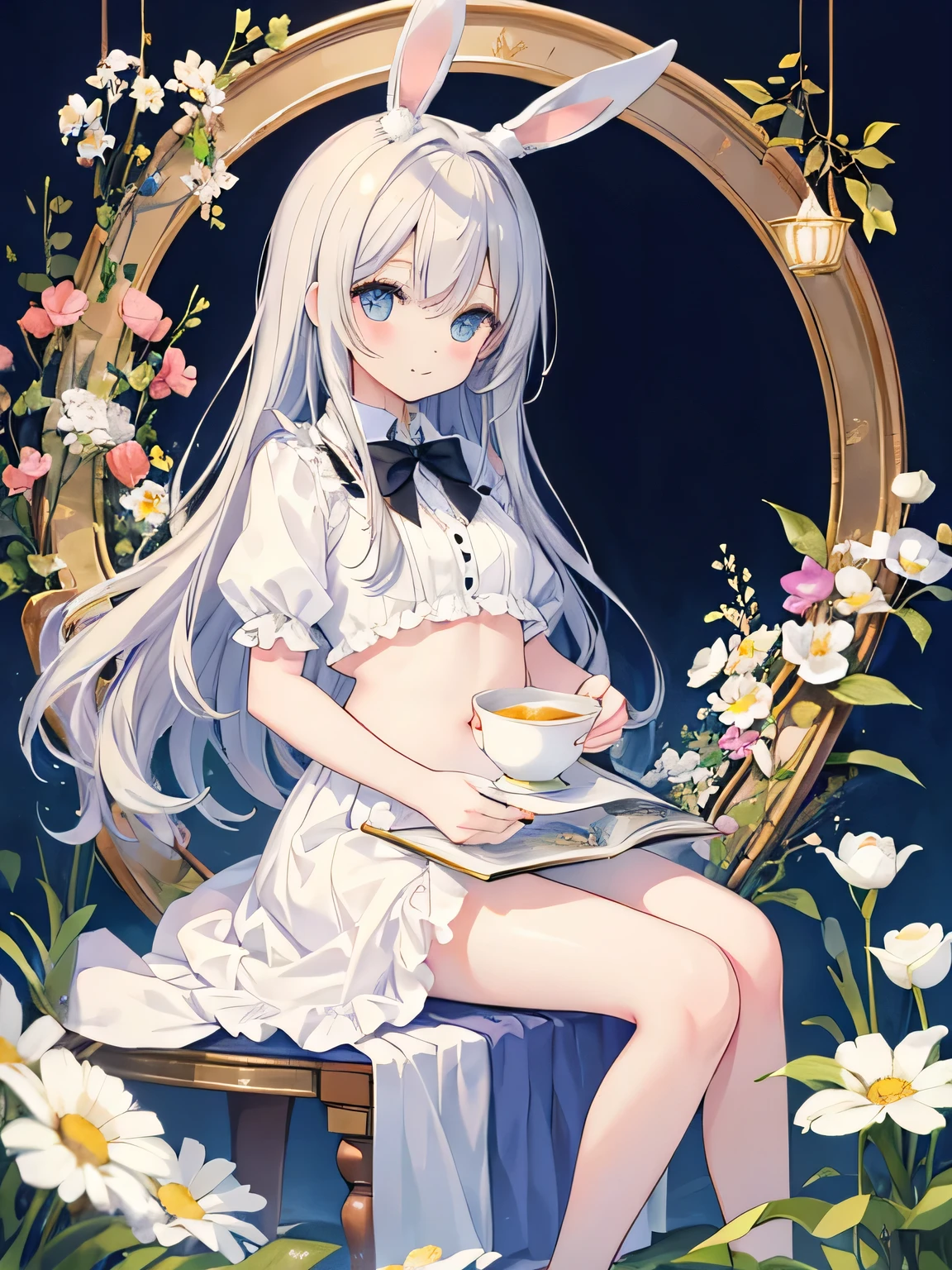 Anime illustration、high quality、masterpiece、Cute stuffed rabbit、White and grey、Fluffy white rabbit belly、Sitting in a big tea cup、The eyes are round, black and sparkling.、The background is a carrot field、Surrounded by clover flowers、Like being in a picture book、In watercolor style、It is a work by a famous picture book author.、Express accurately、