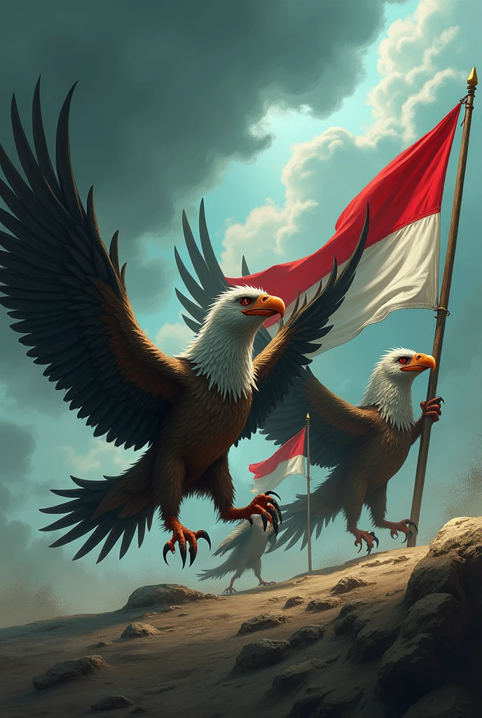 make an animation of 2 angry garuda birds carrying the palestine flag standing with a garuda bird carrying the Indonesian flag 