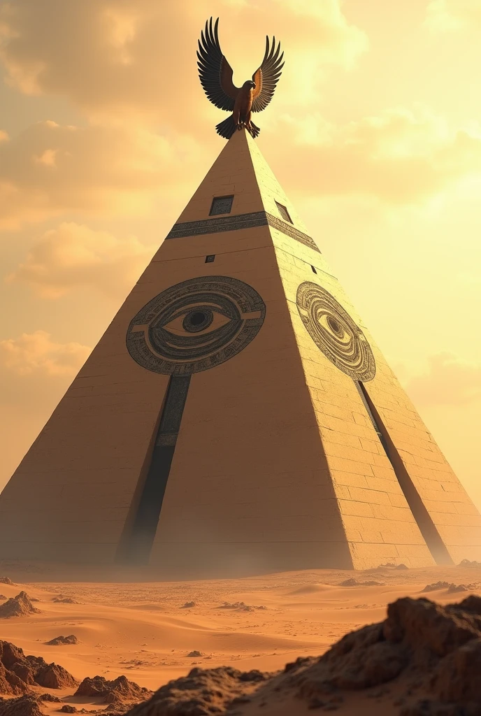 A pyramid with an eagle inside and the eye of Horus in the most beautiful black color