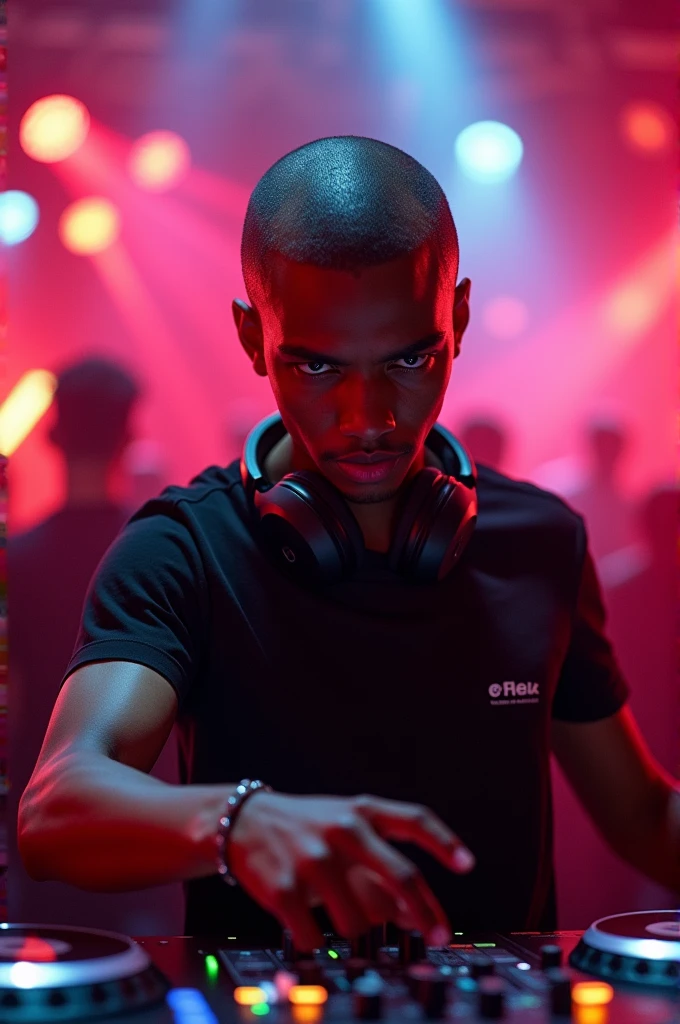 Young black DJ with shaved head and fire in his eyes