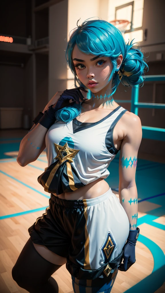 League of Legends Gwen, sexy basketball player, athletic outfit, form-fitting jersey, short basketball shorts, Gwen's outfit, Gwen's hair, Gwen's gloves, Blue hair, high ponytail, toned physique, basketball sneakers, confident stance, intense focus, centered expression, looking at viewer, 8k, masterpiece, ultrasharp, sweat glistening, flirtatious yet serious, dynamic court background, basketball setting, dramatic lighting, soft blush, glossy lips, athletic build, basketball in hand