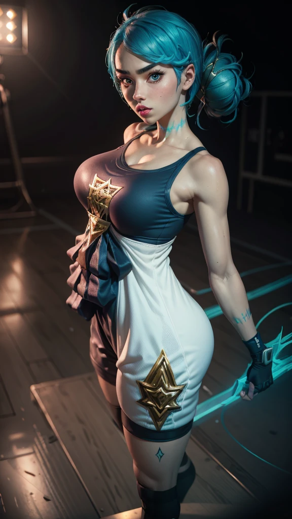 League of Legends Gwen, sexy basketball player, athletic outfit, form-fitting jersey, short basketball shorts, Gwen's outfit, Gwen's hair, Gwen's gloves, Blue hair, high ponytail, toned physique, basketball sneakers, confident stance, intense focus, centered expression, looking at viewer, 8k, masterpiece, ultrasharp, sweat glistening, flirtatious yet serious, dynamic court background, basketball setting, dramatic lighting, soft blush, glossy lips, athletic build, basketball in hand