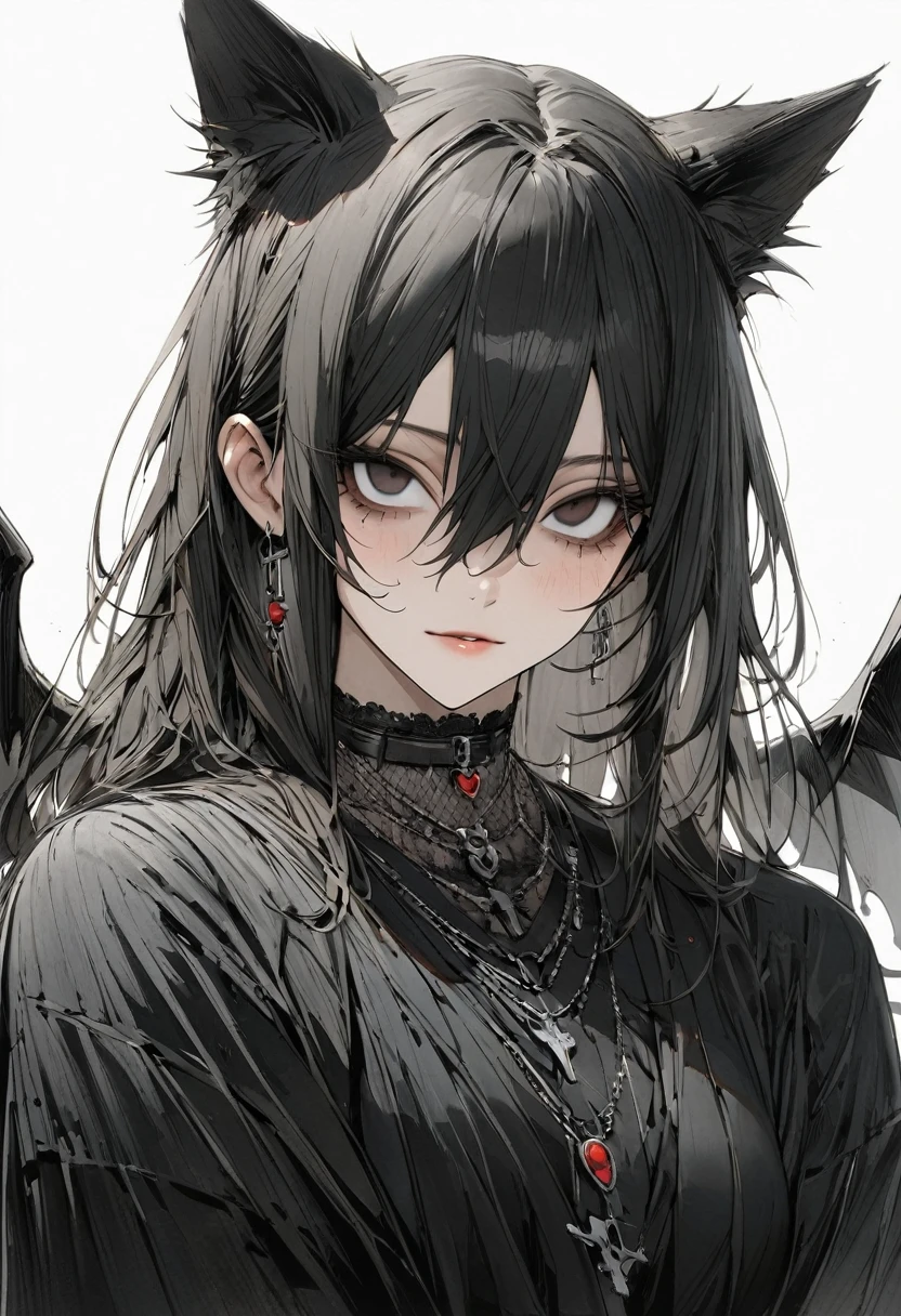 1 woman, striped hair, long black hair, hair between eyes, moles under the eyes, blank eyes, black cloth, high detail, conceptual art, japanese cartoon movies, gothic art, masterpiece, super detail, high details, high quality, best quality
