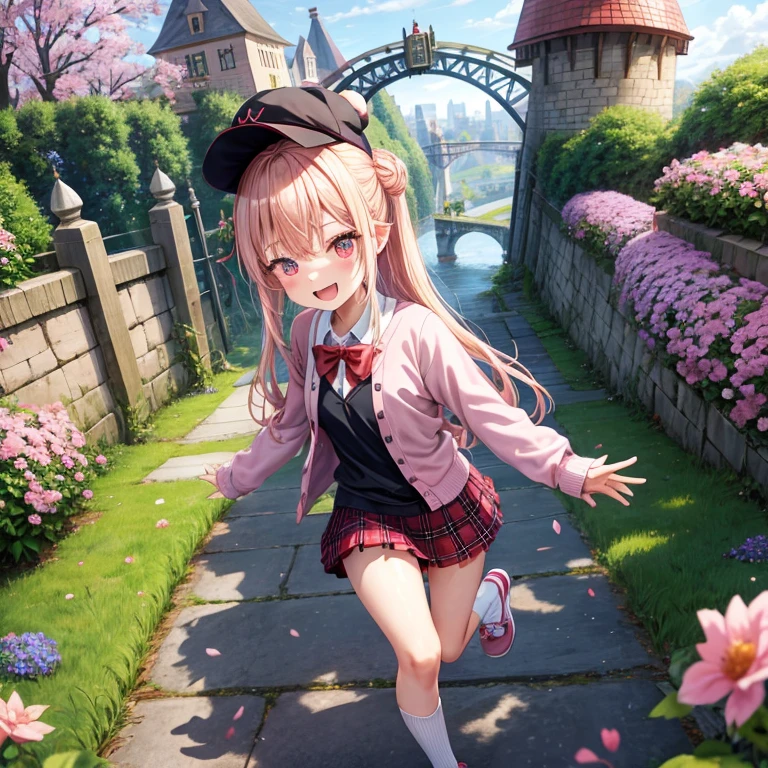 Pink Blonde、Red eyes、Hair tied up、Two cute、Checked mini skirt、black t-shirts、cardigan、Knee-high socks、bear ears baseball cap、Teeth are visible、Monster Castle、Tilting face、crossing the bridge、hazakura、windmill、grass、Stones are growing out of the ground.、A teddy bear is walking、Morning glory is blooming.、In front of the city gates、clock、Underground tunnels