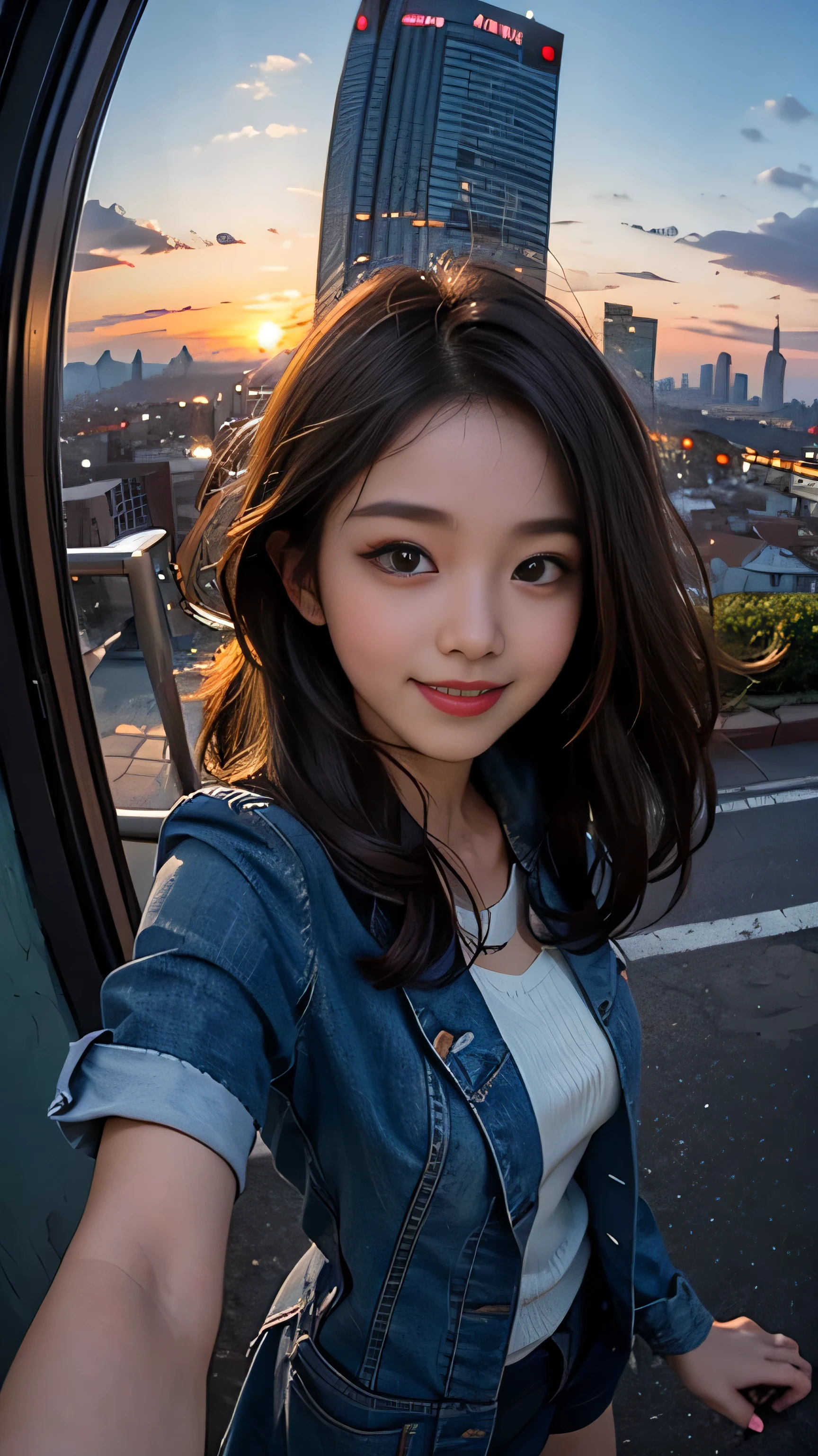 One girl, Korean, Fisheye Lens, Selfie, Wind, Messy Hair, sunset, Cityscape, (Aesthetics and atmosphere:1.2),smile