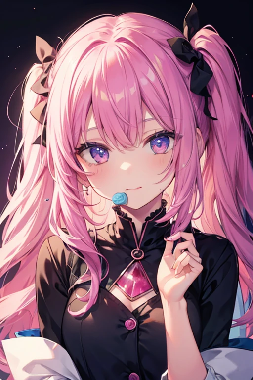 A girl licks a candy shaped like a man's penis、Eyes are hearts、Excited state