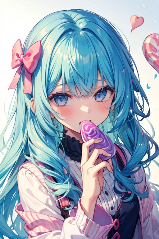 A girl licks a candy shaped like a man's penis、Eyes are hearts、Excited state