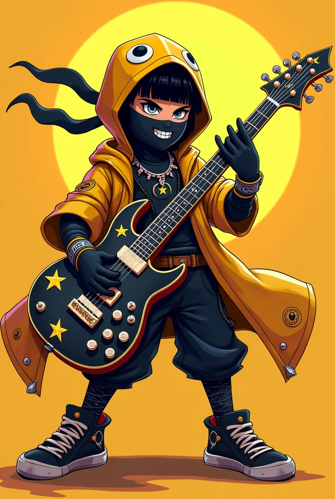 Personnage inspiré ninja rocker avec une guitare électrique avec des effet scintillante est éclatant d'étoiles une étoile sur le milieu de la guitare avec une étoile filante sur la guitare un costume de ninja avec une capuche de ninja avec un dragon dessiné sur sa capuche avec des dent en papier sur sa capuche Des chaussures de métal avec des pique sur c'est chaussure des motif sur sont qui sont jaune clair orange pâle est noir des yeux noir est blanc un collier en forme d'étoiles sur sont cou est un côté de combattant dangereux