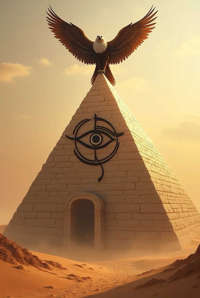 A pyramid with an eagle inside and the eye of Horus in the most beautiful black color