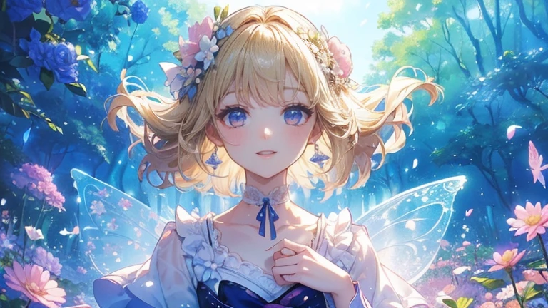 (Highest quality, masterpiece, Very detailedな, Very detailed, Exquisite, 16K,Full HD),A little closer,Golden Ratio,Dramatic lighting,pastel colour,Looks happy,fly in the sky,Soft lighting, ((alone:1.5)),(blue sky,morning sky,sunny),Magical Forest,flower,wood,flower畑,葉っぱとflowerびらが舞う,From above,((head shot)),画面いっぱいのflower,(Fairy Princess, Purple eyes, Long eyelashes,White skin,slim,pale pink plump lips,Pale pink cheeks, The wind is blowing,blonde,thin and long,(thin and high nose,Small Nose),(腰の少しFrom above巨大な妖精の羽),flowerの魔法,flowerのティアラ,Diamond Earrings,Diamond Choker,(flowerびらをモチーフにしたflower付きホワイトボールガウンドレス, flowerが飾られたドレス,Lace and frills),(smile:1.2), (Fantasy, Romantic atmosphere),