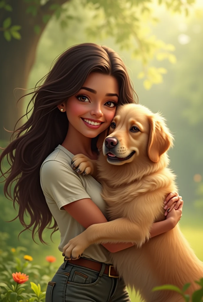 Beautiful smiling latin woman, hugging a golden retriever (realist)
