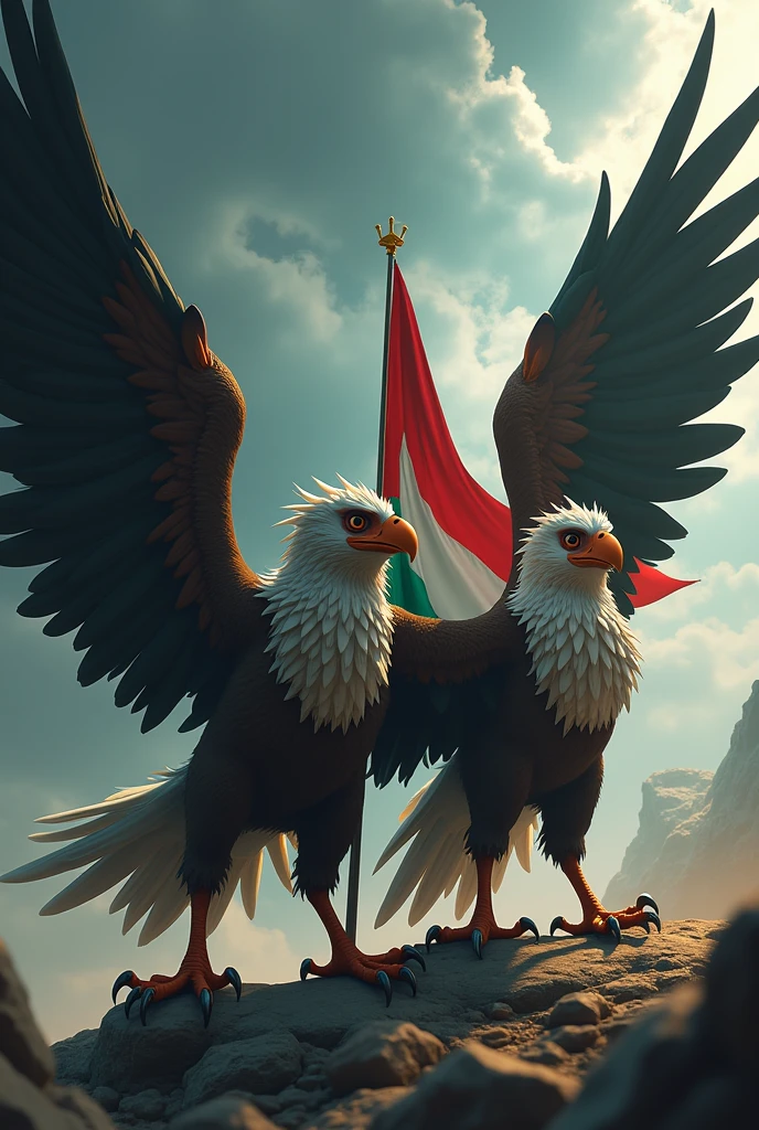 make an animation of 2 angry garuda birds carrying the palestine flag standing with a garuda bird carrying the Indonesian flag