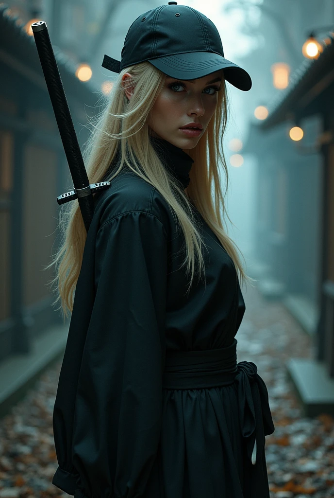 beautiful ninja woman in a black baseball cap on her head, long blond hair, detailed face, beautiful eyes and lips, detailed clothes, black Wakizashi is hanging behind her back, dynamic pose, dark fantasy, cinematic lighting, dramatic shadows, gloomy colors, digital painting, bright colors, 8k, hyperrealism, detailed description, masterpiece