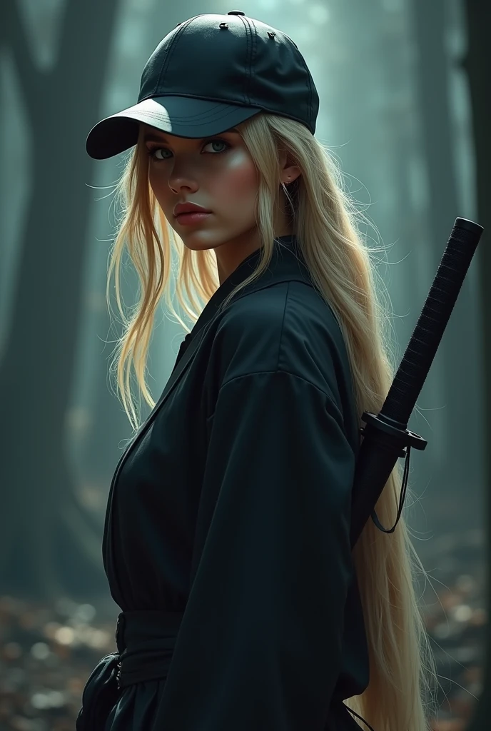 beautiful ninja woman in a black baseball cap on her head, long blond hair, detailed face, beautiful eyes and lips, detailed clothes, black Wakizashi is hanging behind her back, dynamic pose, dark fantasy, cinematic lighting, dramatic shadows, gloomy colors, digital painting, bright colors, 8k, hyperrealism, detailed description, masterpiece