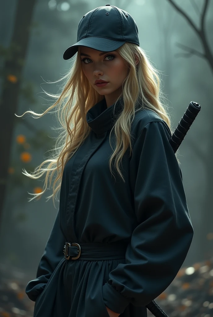 beautiful ninja woman in a black baseball cap on her head, long blond hair, detailed face, beautiful eyes and lips, detailed clothes, black Wakizashi is hanging behind her back, dynamic pose, dark fantasy, cinematic lighting, dramatic shadows, gloomy colors, digital painting, bright colors, 8k, hyperrealism, detailed description, masterpiece