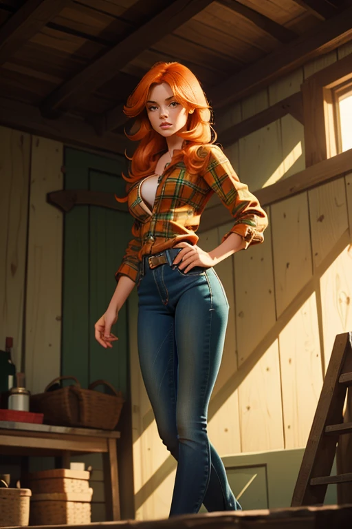 1 girl, Best Quality, masterpiece, cowboy shot, Orange hair, green eyes, tight clothes, barn, Wet, Green plaid shirt, labor, sexy, skinny jeans, half , cow print clothing:1.5, seductive, provocing, masterpiece, (dynamic angle:1.2), (dynamic posture:1.2), Plan general, light, (Best Quality), (Erotic), (ultra detailed), (16k, 8k, complex),(Full body photo: 1), (Focus on the hips:1.2), (wide hips) (big breasts), (perfect body)