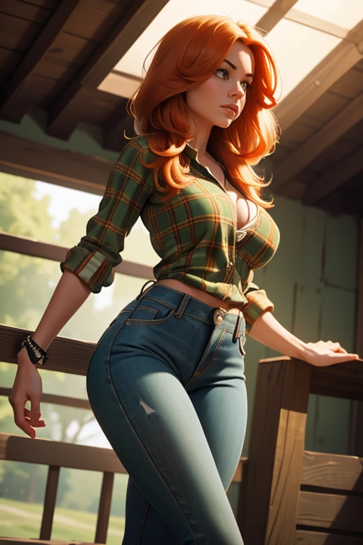 1 girl, Best Quality, masterpiece, cowboy shot, Orange hair, green eyes, tight clothes, barn, Wet, Green plaid shirt, labor, sexy, skinny jeans, half , cow print clothing:1.5, seductive, provocing, masterpiece, (dynamic angle:1.2), (dynamic posture:1.2), Plan general, light, (Best Quality), (Erotic), (ultra detailed), (16k, 8k, complex),(Full body photo: 1), (Focus on the hips:1.2), (wide hips) (big breasts), (perfect body)