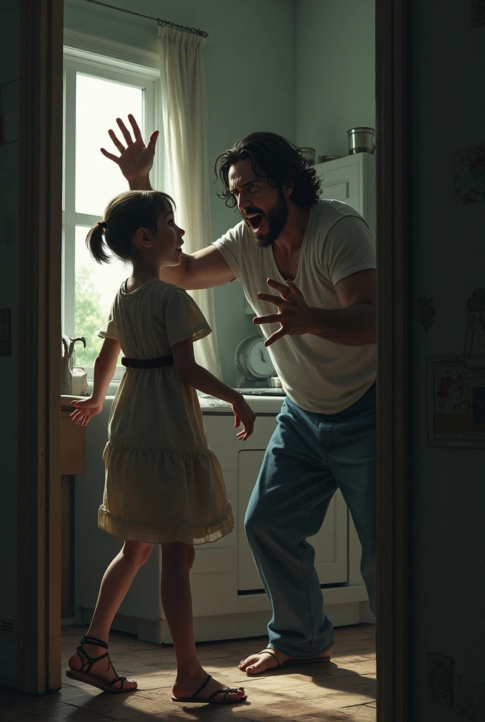 Create a clear image of a father hitting his mother and male learning
