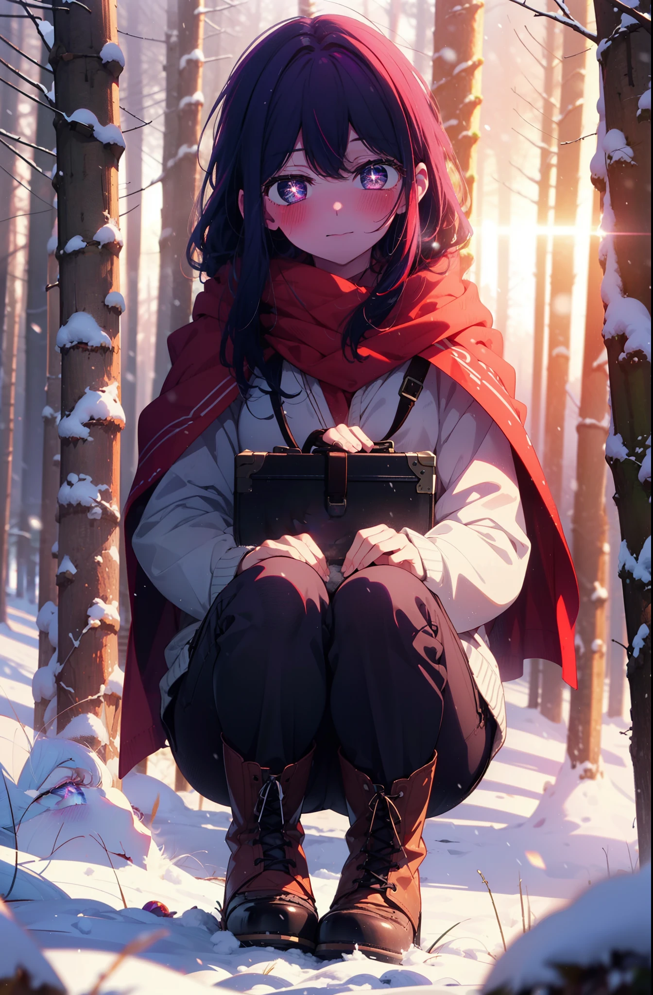 aihoshino, Ai Hoshino, Long Hair, bangs, (Purple eyes:1.1), Purple Hair, (Symbol-shaped pupil:1.5), smile,,smile,blush,white breath,
Open your mouth,snow,Ground bonfire, Outdoor, boots, snowing, From the side, wood, suitcase, Cape, Blurred, , forest, White handbag, nature,  Squat, Mouth closed, Cape, winter, Written boundary depth, Black shoes, red Cape break looking at viewer, Upper Body, whole body, break Outdoor, forest, nature, break (masterpiece:1.2), Highest quality, High resolution, unity 8k wallpaper, (shape:0.8), (Beautiful and beautiful eyes:1.6), Highly detailed face, Perfect lighting, Extremely detailed CG, (Perfect hands, Perfect Anatomy),