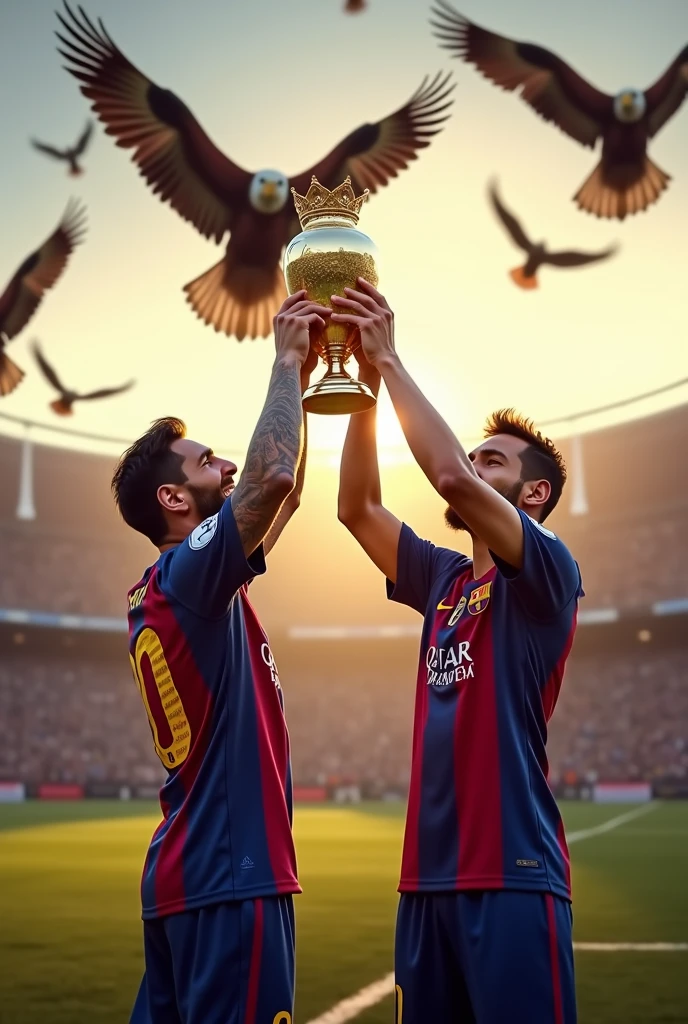 Messi with barcellona jersy and neymar with barceloana jersy ilifting together the cup surrounded by eagles and hand over the trophy to eagles