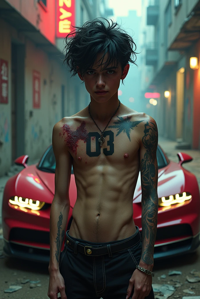 A toxic boy standing in front of Bugatti who have toxic tatoo on his chest and 03 tatoo on his neck in infected area.