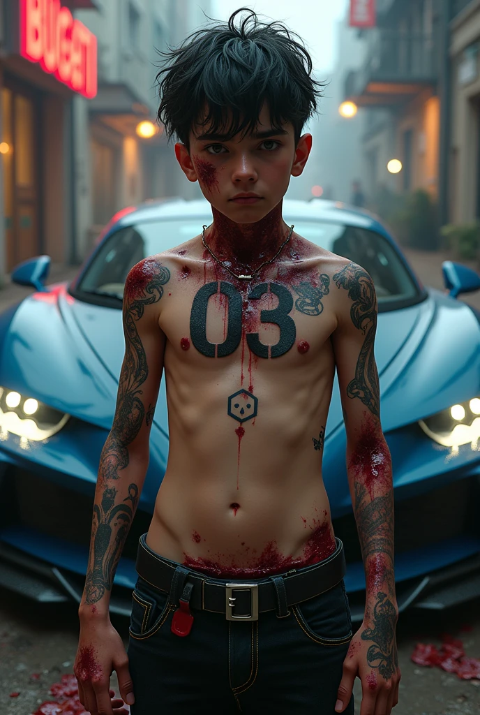 A toxic boy standing in front of Bugatti who have toxic tatoo on his chest and 03 tatoo on his neck in infected area.