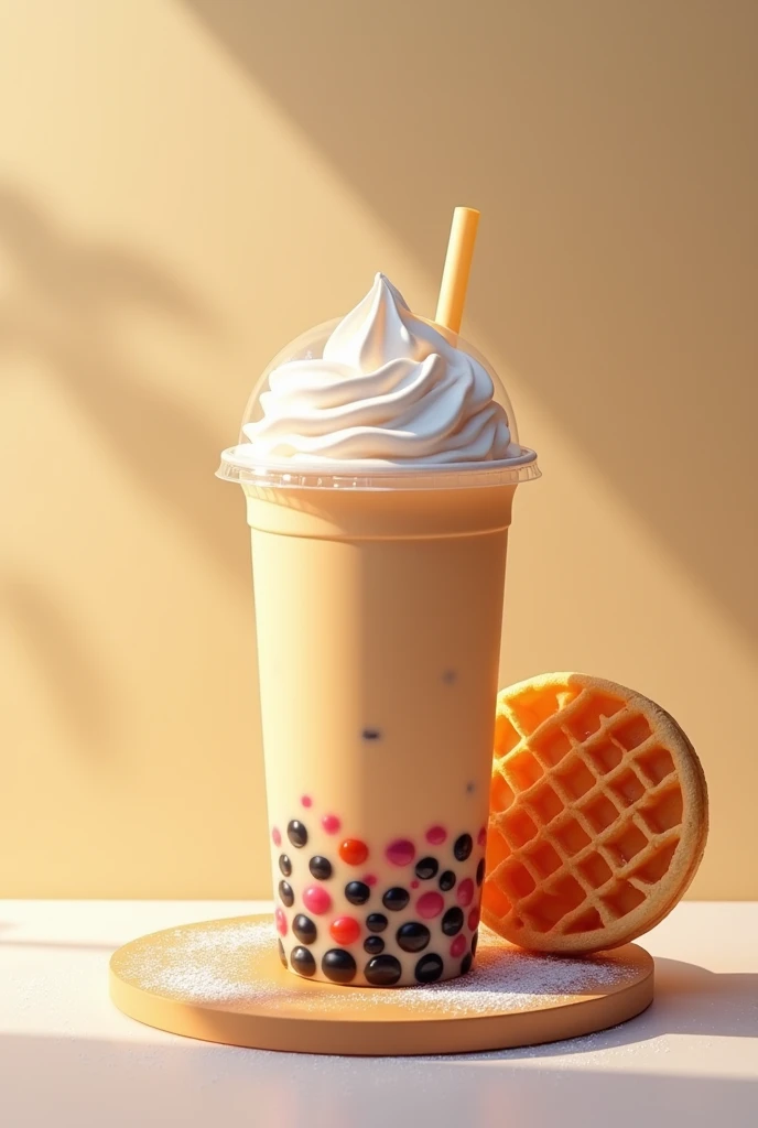 Real Bubble tea in a cup with waffle