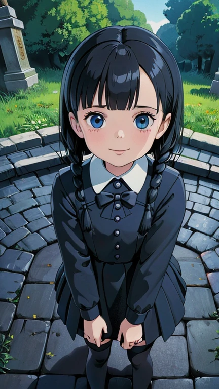 (1girl, solo, highly insanely detailed, masterpiece, top quality, best quality, highres, 4k, 8k, RAW photo),((innocent look)),((Childish)),From the front, symmetrical composition,smile,cute,Innocent,Kind eyes, ghibli style, creepy old cemetry, full body, Wednesday Addams, sinister, Intelligent, gothic,