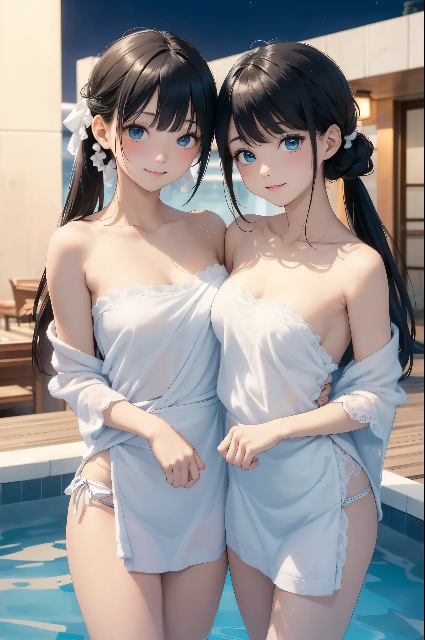 ((masterpiece)), ((highest quality、Ultra high definition)), (Very detailed),((8k、Photo quality))、((Amazingly cute girl))、(****************,)、Two people, , (Beautiful emerald blue eyes), ((smile)),((A luxurious Japanese-style open-air bath at a high-class hotel)), Beautifully arranged black hair in twin tails、Slim Body、(Cute little breasts)、(((They are wearing a white bath towel wrapped around their body.)))、Professional Lighting、(White lace knee-highore detailed and beautiful)、(More details and cutenesore realistic)、((Just wear light clothing))、Frolic in the pool、(Too cute)、(The embodiment of cuteness)、(Godly cuteness)、((Night view))、((It seems visible but it&#39;s not))、