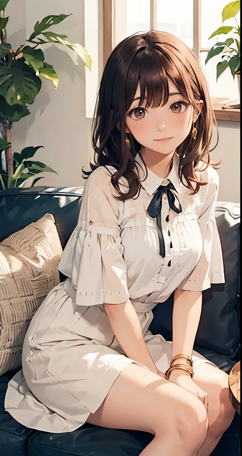 “A cozy and warmly lit living room with soft lighting. A young woman named Hina, with shoulder-length dark brown wavy hair, is sitting on a light gray sofa. She is wearing a white silk blouse with three-quarter sleeves, a small bow at the neckline, and a pastel pink flare skirt that reaches just above her knees. She has a delicate gold bracelet on her left wrist and simple gold earrings. Hina’s hair is styled in loose waves, with her bangs softly swept to the side, adding a gentle, feminine touch to her appearance. Her expression is calm and happy, with a slight blush on her cheeks, indicating her warmth and contentment. The setting around her is simple yet elegant, with soft cushions, a small wooden coffee table in front of her, and a few potted plants adding a natural touch to the room.”