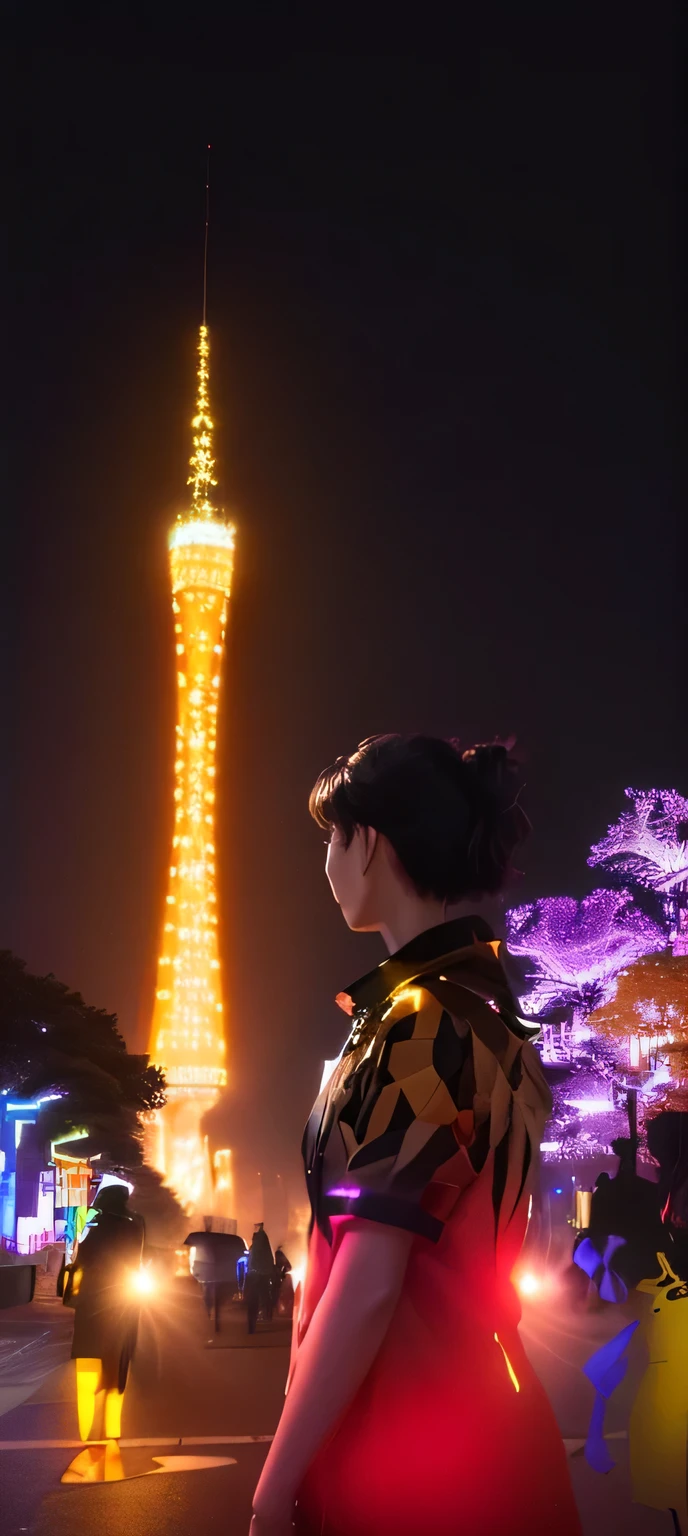 Giraffe in the city at night，In the background is a tower, Inspired by Cheng Jiasui, author：Okuda Motoso, The black ones, Felipe Pantone, Night Shooting, Chinese Artists, 1km tall, wu liu, Photos taken at night, rich and colorful, Inspired by Bruce Munro, inspired author：Okuda Motoso, Watch from below