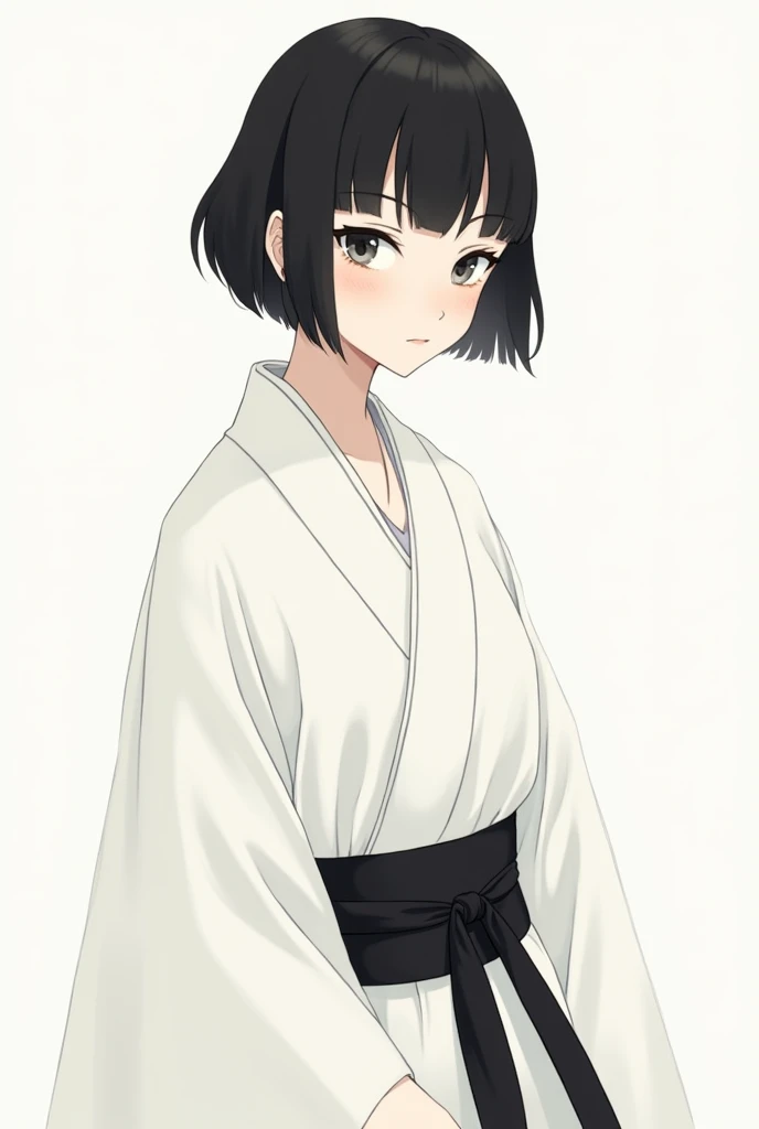 Black short hair,very short hair,grey eyes,white kimono,black obi around waist,unisex girl 