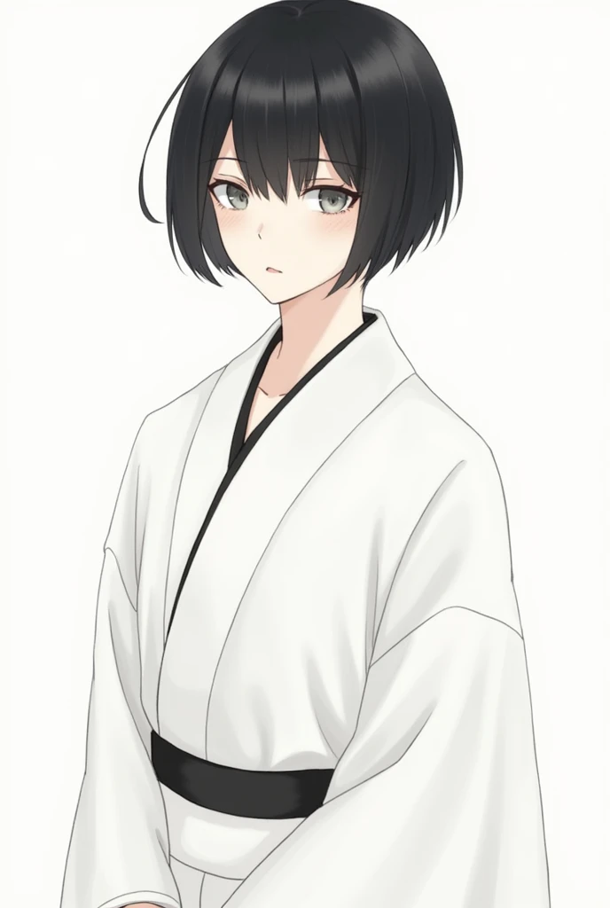 Black short hair,very short hair,grey eyes,white kimono,black obi around waist,unisex girl