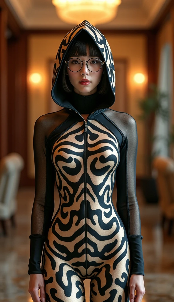 A Chinese girl,beautiful,zebra lycra turtleneck unitard catsuit with zebra lycra dancewear hijab-like hood,wearing a glasses,lives in the hotel