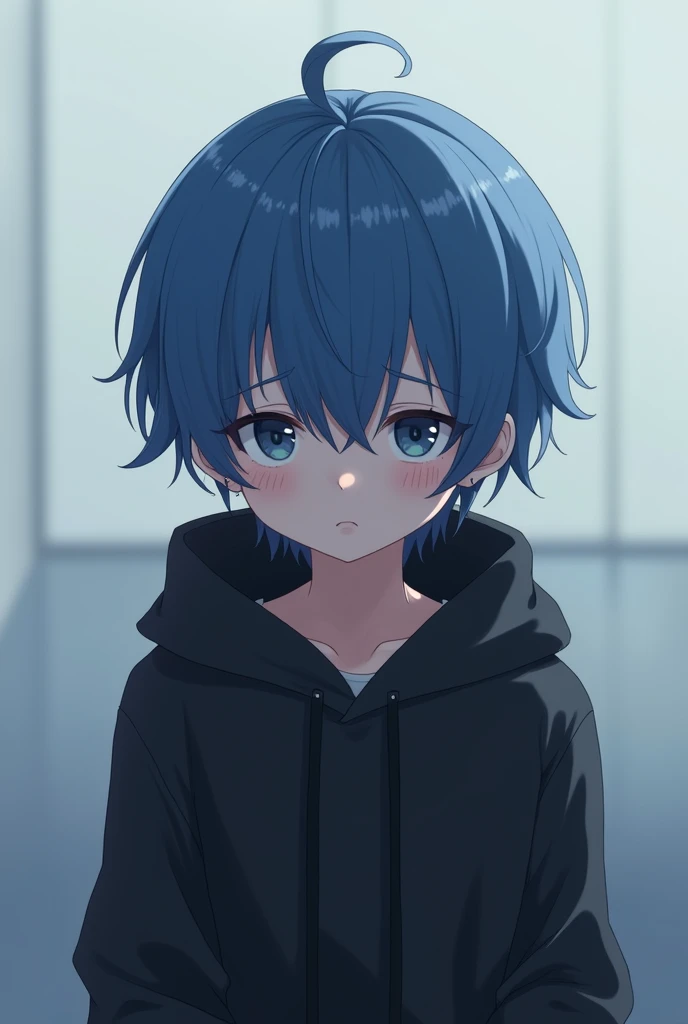 An anime boy in black hoodie (blue hair) in a sad mood and cute