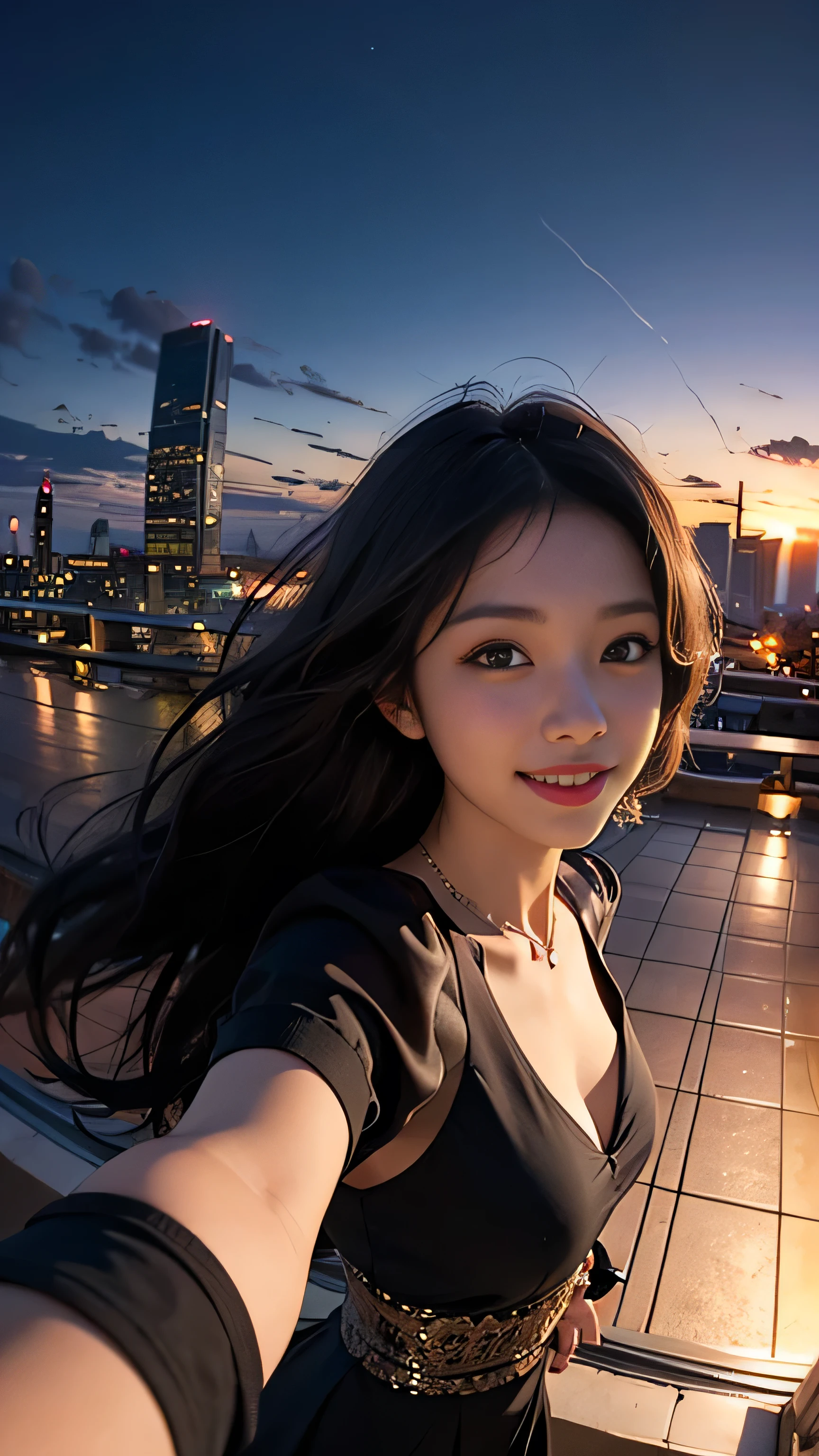 One girl, Korean, Fisheye Lens, Selfie, Wind, Messy Hair, sunset, Cityscape, (Aesthetics and atmosphere:1.2),smile